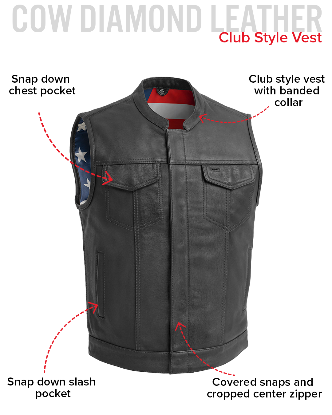 Born Free Men's Motorcycle Leather Vest - Black Stitch
