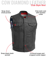Born Free Men's Motorcycle Leather Vest - Black Stitch