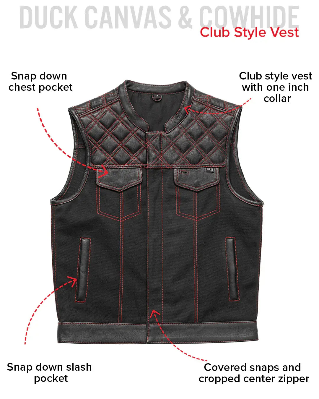Hunt Club Motorcycle Leather Canvas Vest Black/Red - First Manufacturing Company - Flyclothing LLC