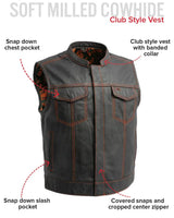 The Club Cut Men's Motorcycle Leather Vest, Multiple Color Options - First Manufacturing Company - Flyclothing LLC