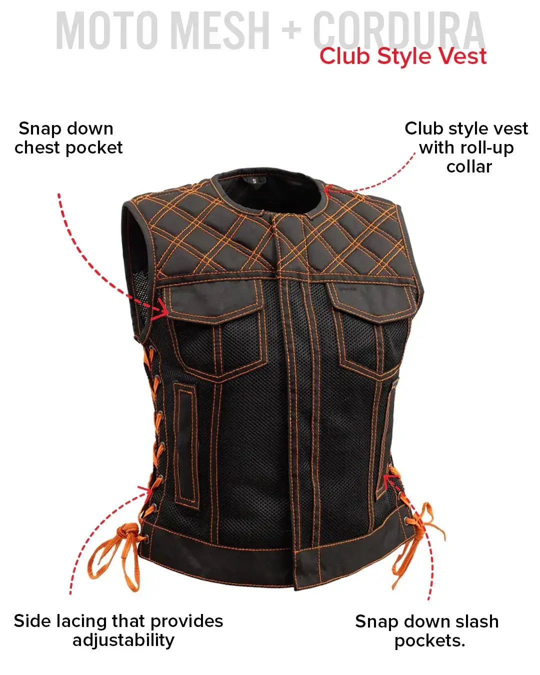 Bonnie Moto Mesh Women's Motorcycle Vest - Diamond Quilt - First Manufacturing Company - Flyclothing LLC