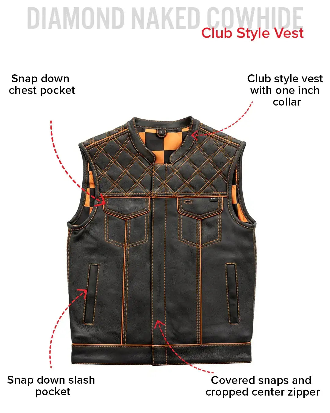 Finish Line - Orange Checker - Men's Motorcycle Leather Vest - First Manufacturing Company - Flyclothing LLC