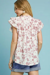 Umgee Full Size Two Tone Boxy Cut Floral Print Blouse Plus Size - Trendsi - Flyclothing LLC