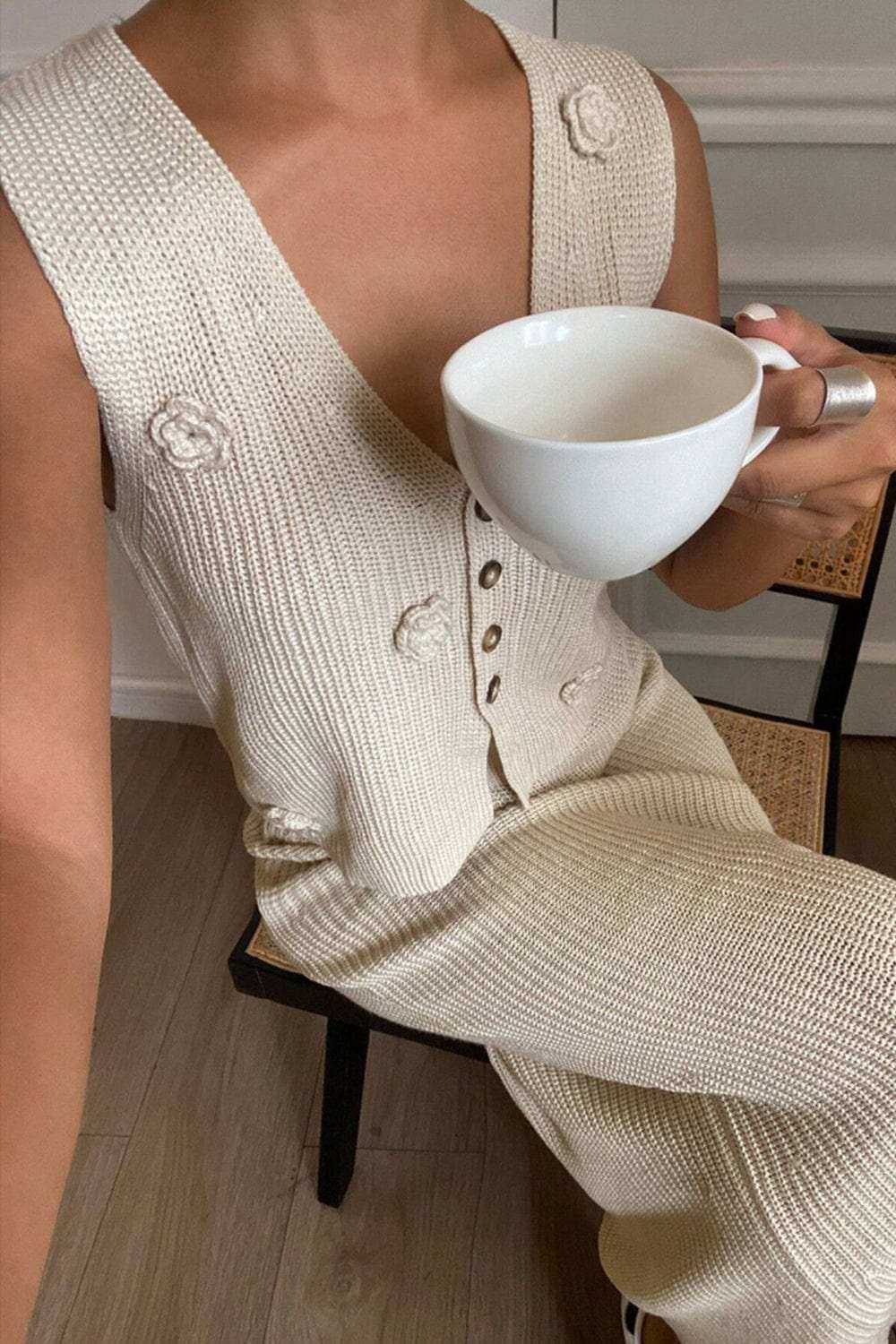 Flower V-Neck Vest and Skirt Sweater Set - Trendsi - Flyclothing LLC