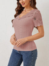 Lace Trim Eyelet Embroidered Summer T-Shirt - Trendsi - Flyclothing LLC