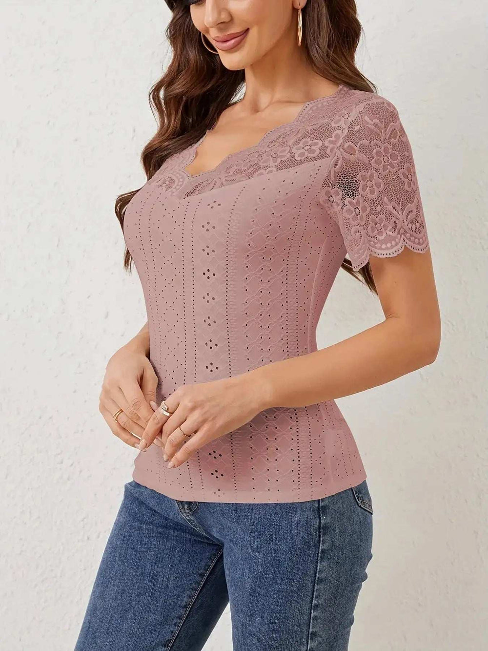 Lace Trim Eyelet Embroidered Summer T-Shirt - Trendsi - Flyclothing LLC