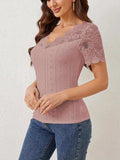 Lace Trim Eyelet Embroidered Summer T-Shirt - Trendsi - Flyclothing LLC
