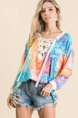 BiBi Tie Dye Deep V-neck Top With Lace Up Front - Trendsi - Flyclothing LLC