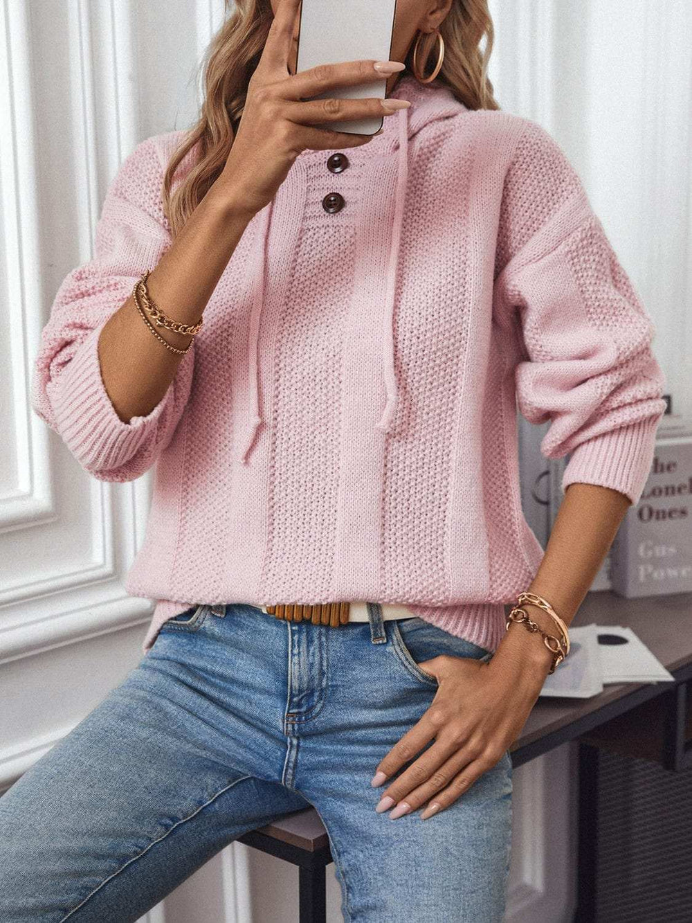 Drawstring Long Sleeve Hooded Sweater - Trendsi - Flyclothing LLC