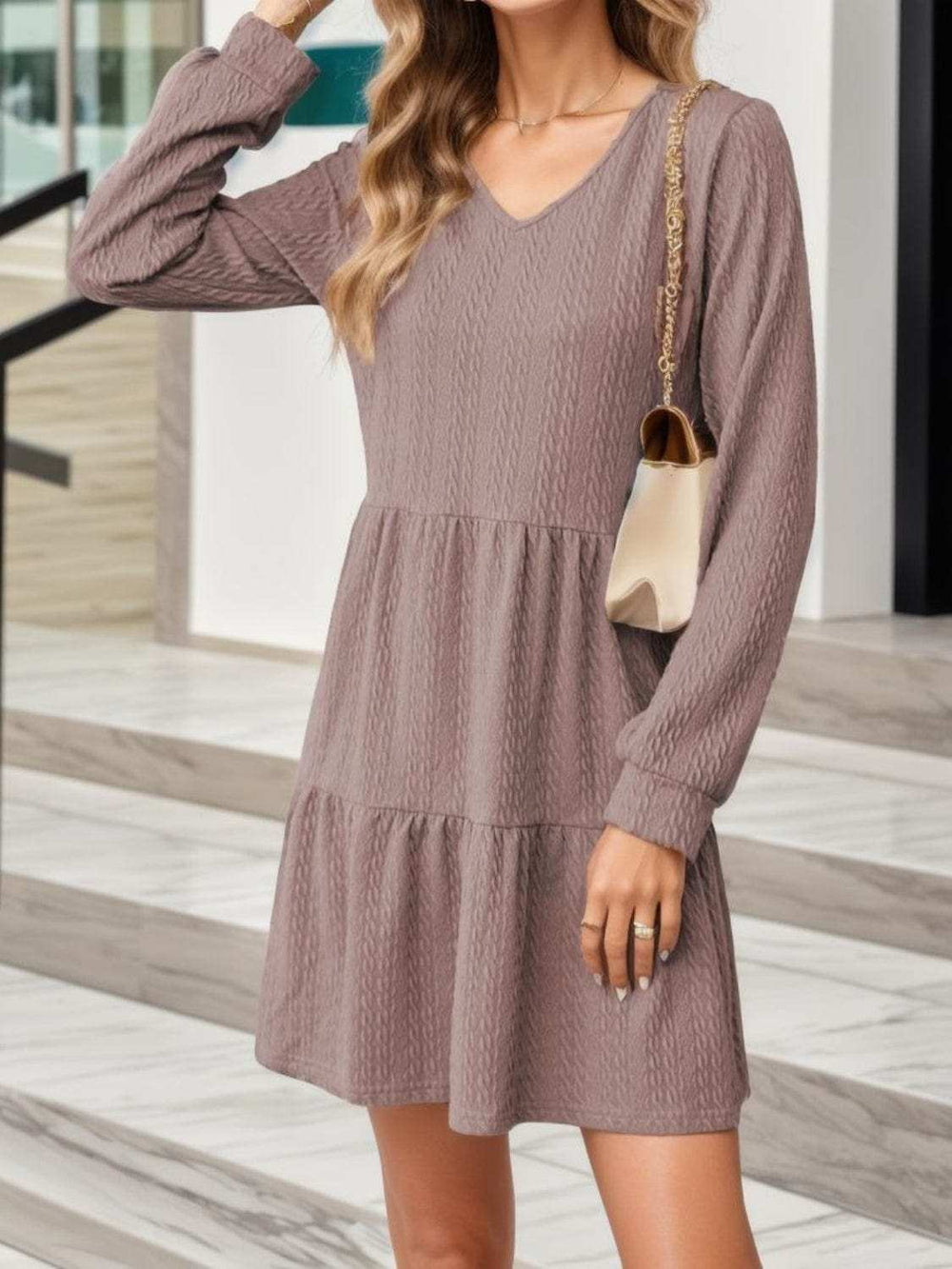 V-Neck Long Sleeve Mini Dress - Trendsi - Flyclothing LLC