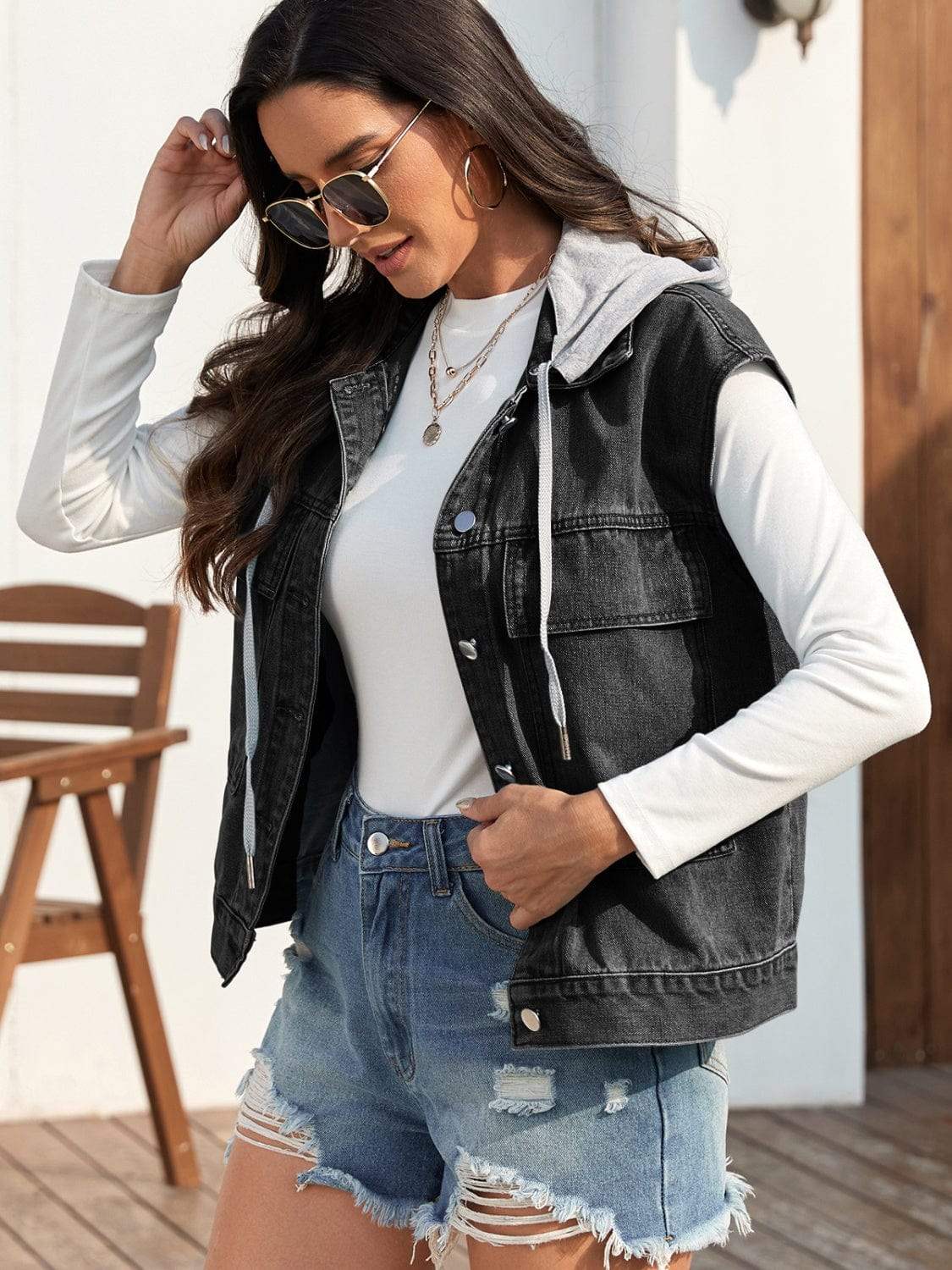 Drawstring Button Up Sleeveless Denim Jacket - Trendsi - Flyclothing LLC