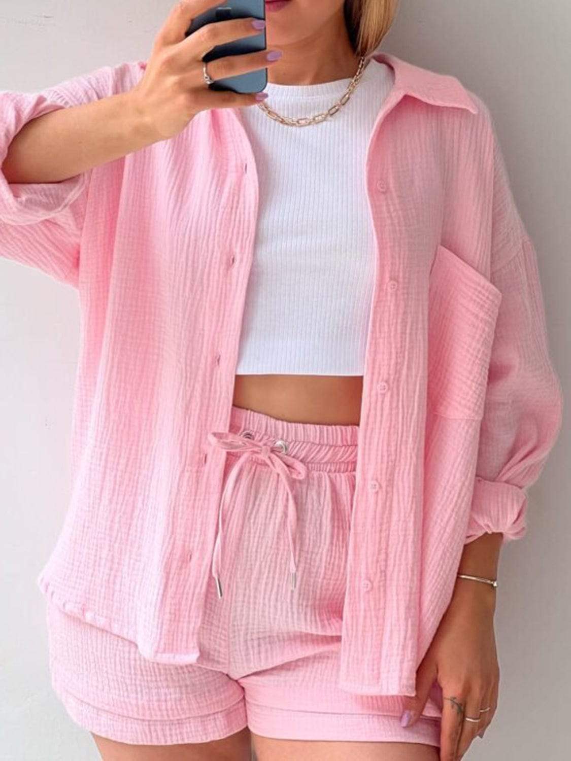 Texture Button Up Shirt and Drawstring Shorts Set - Trendsi - Flyclothing LLC