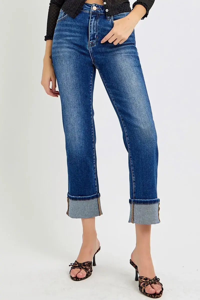 RISEN Full Size High Rise Ankle Straight Cuffed Jeans Plus Size - Trendsi - Flyclothing LLC
