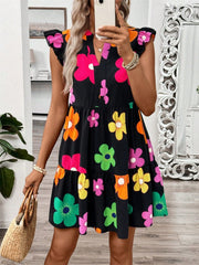 Ruffled Printed Notched Cap Sleeve Dress - Trendsi