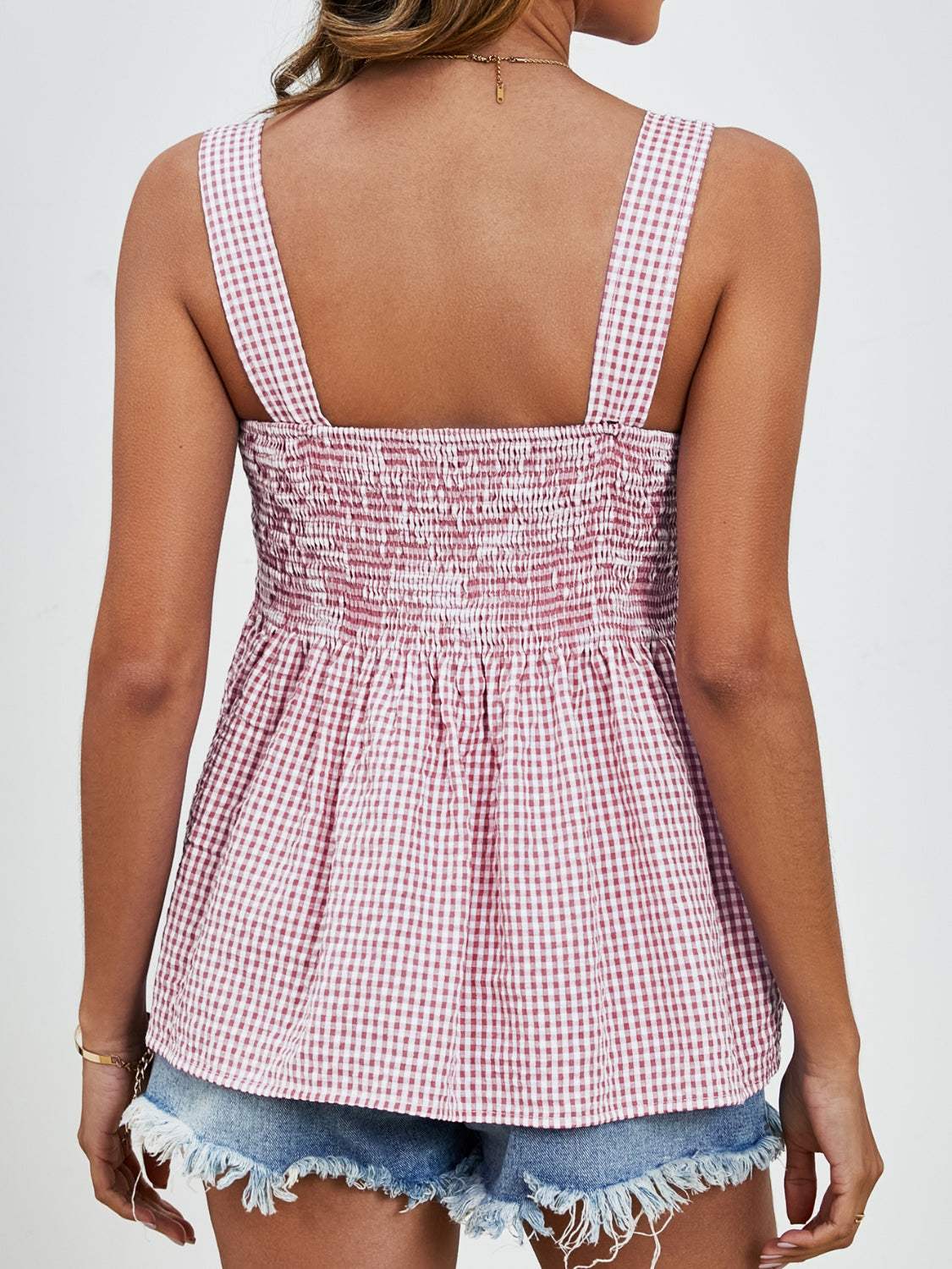 Smocked Plaid Square Neck Tank - Trendsi - Flyclothing LLC