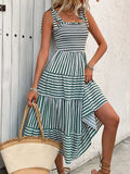 Smocked Striped Square Neck Midi Dress - Trendsi