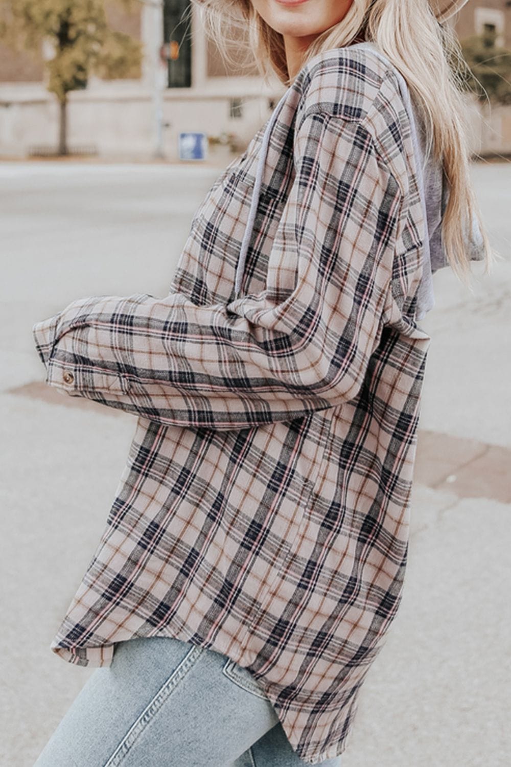 Drawstring Plaid Hooded Long Sleeve Shirt - Trendsi