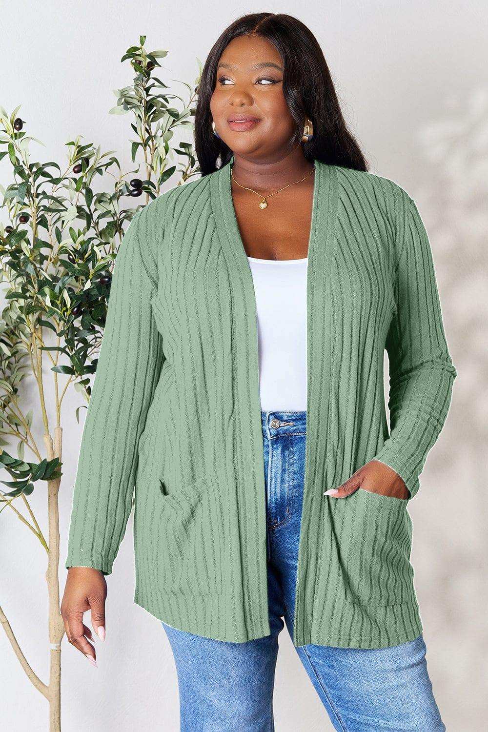 Basic Bae Full Size Ribbed Open Front Cardigan with Pockets - Trendsi - Flyclothing LLC