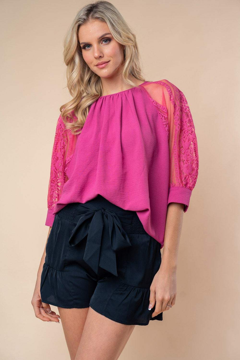 White Birch Round Neck Lace Half Sleeve Blouse - Trendsi - Flyclothing LLC