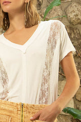 POL Inset Lace Outseam Detail Short Sleeve V-Neck T-Shirt - Trendsi