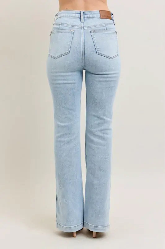 Judy Blue Full Size Tummy Control Vintage Wash Side Slit Slim Boot Jeans Plus Size - Trendsi - Flyclothing LLC