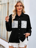 Raw Hem Button Up Long Sleeve Denim Jacket with Sequin Pockets - Trendsi