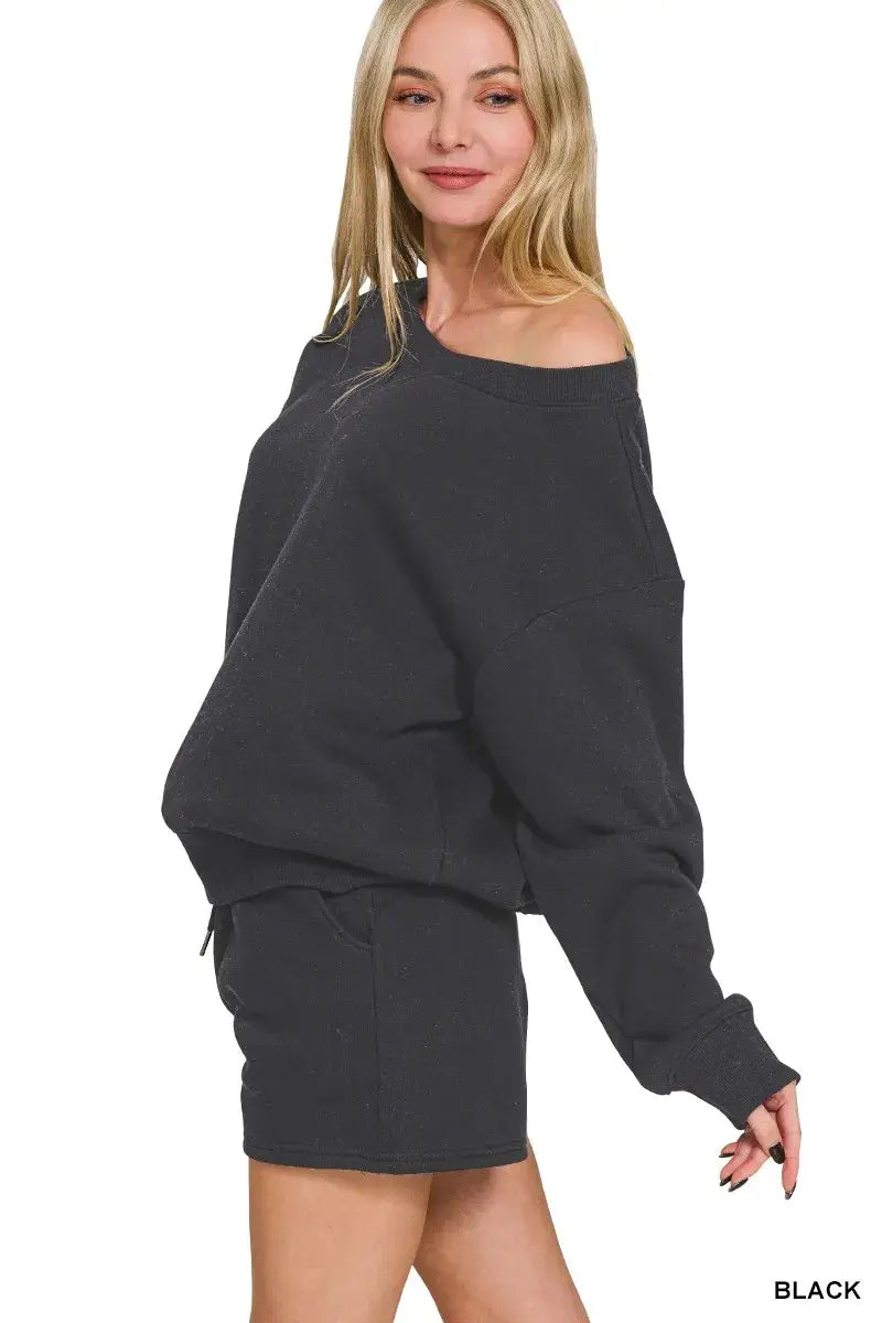 Zenana Fleece Boat Neck Sweatshirt and Shorts Set - Trendsi - Flyclothing LLC