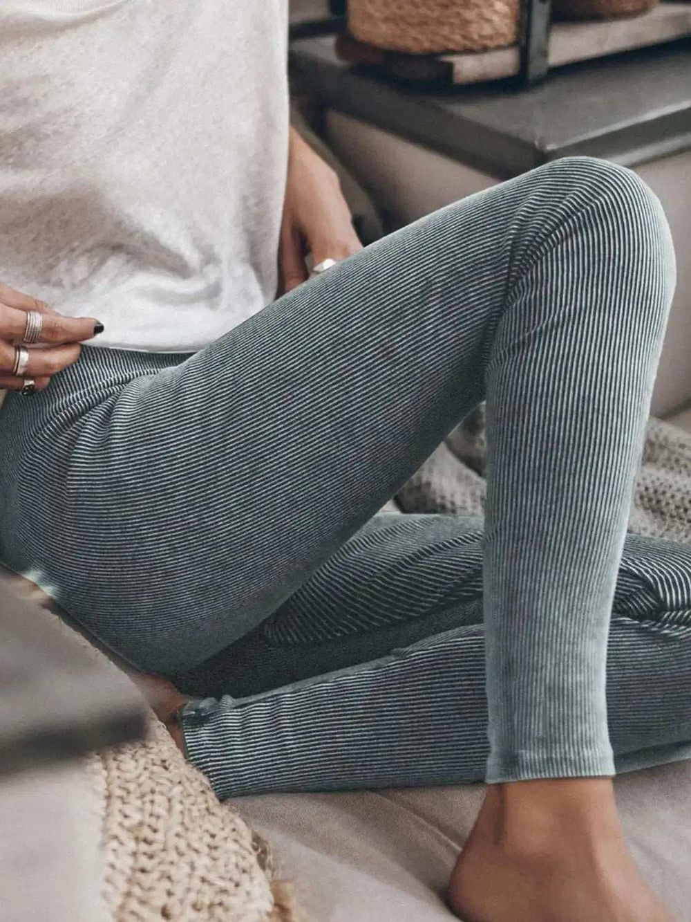 Ribbed Elastic Waist Leggings - Trendsi - Flyclothing LLC
