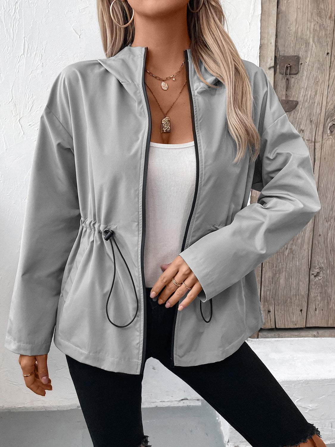 Drawstring Zip Up Hooded Jacket - Trendsi - Flyclothing LLC