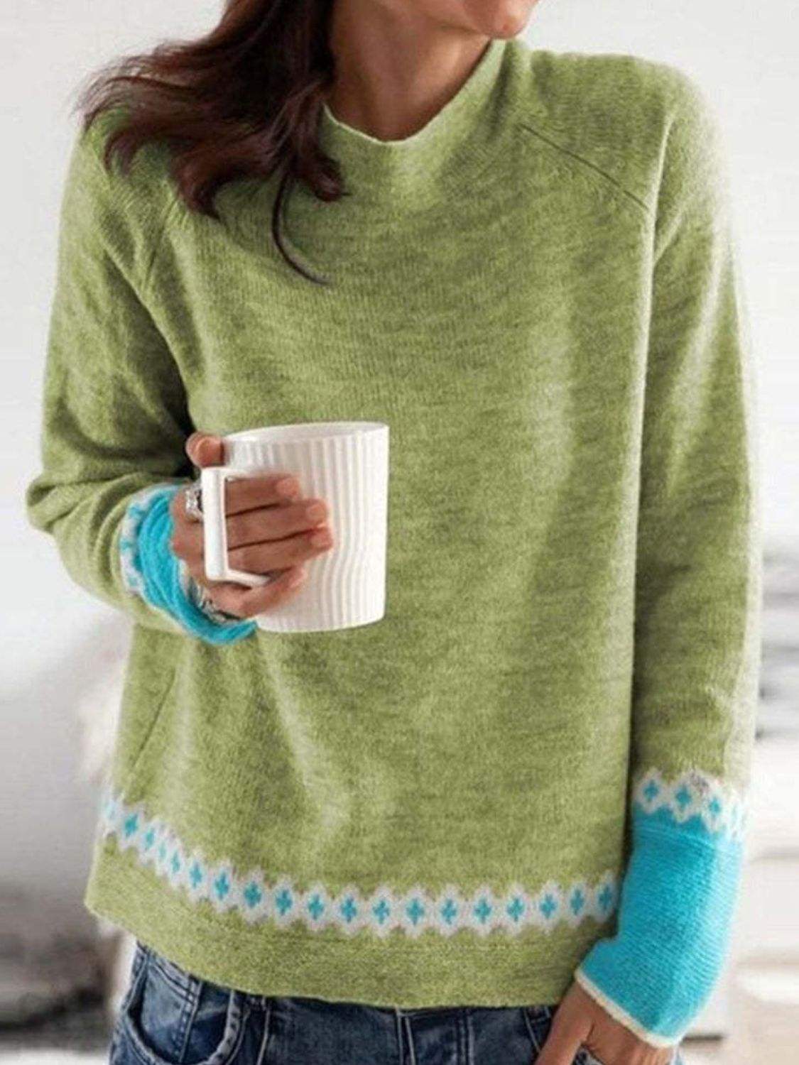 Contrast Round Neck Long Sleeve Sweater - Trendsi - Flyclothing LLC