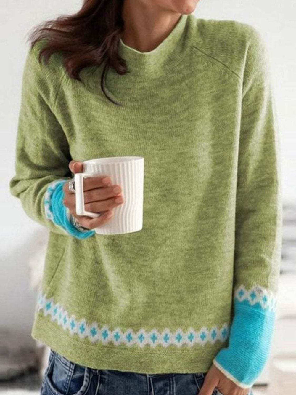 Contrast Round Neck Long Sleeve Sweater - Trendsi - Flyclothing LLC