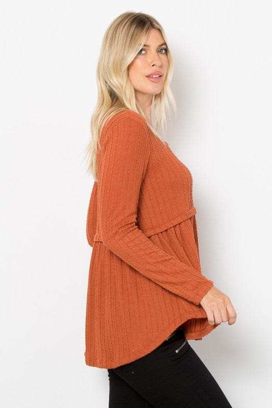 Be Stage Full Size Texture Babydoll Round Neck Long Sleeve Knit Top - Trendsi - Flyclothing LLC