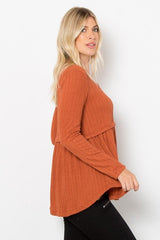 Be Stage Full Size Texture Babydoll Round Neck Long Sleeve Knit Top - Trendsi