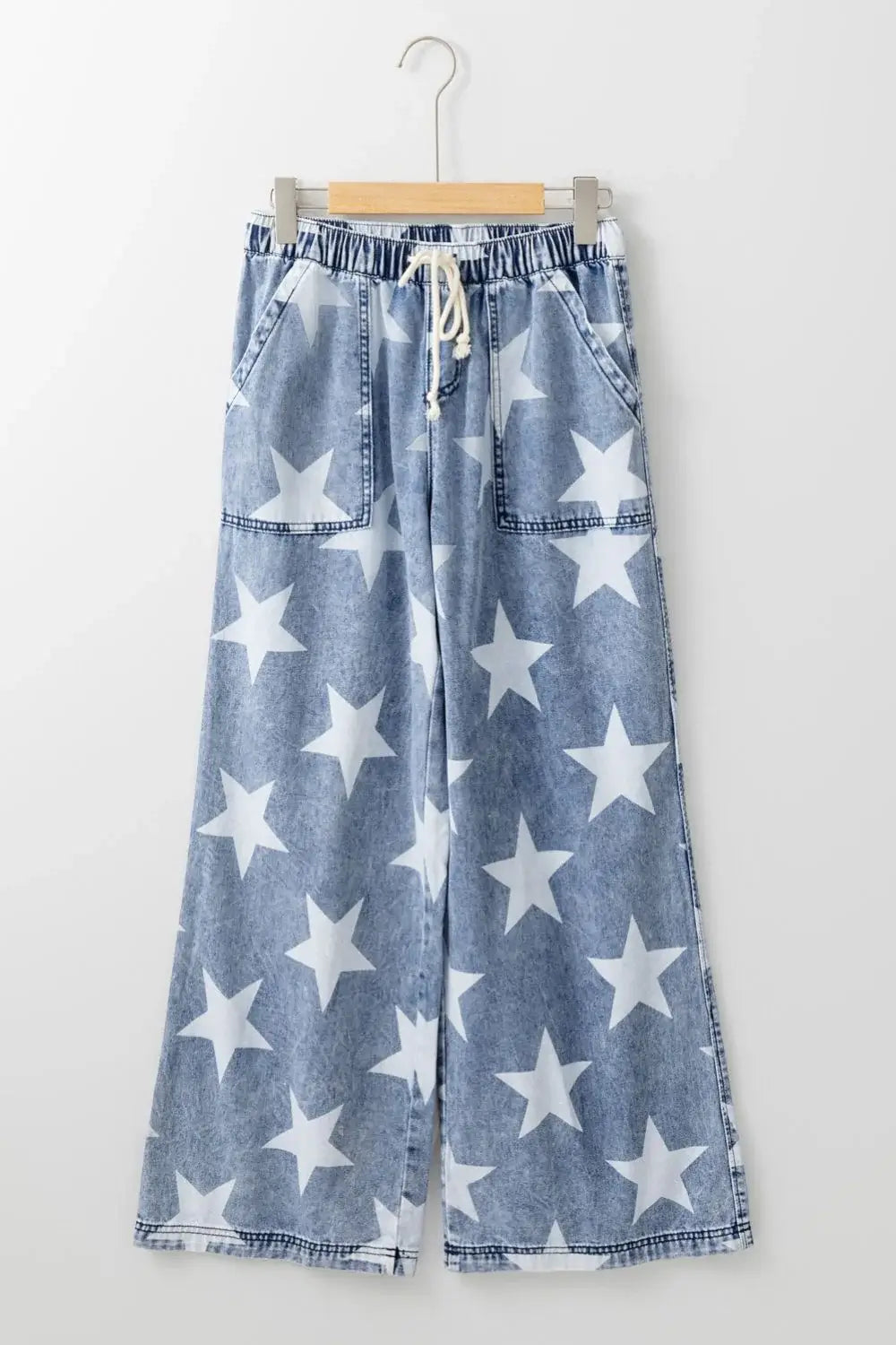 Star Print Washed Drawstring High Waist Wide Leg Jeans - Trendsi - Flyclothing LLC