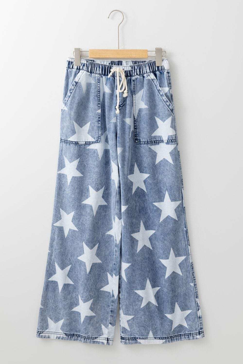 Star Print Washed Drawstring High Waist Wide Leg Jeans - Trendsi - Flyclothing LLC