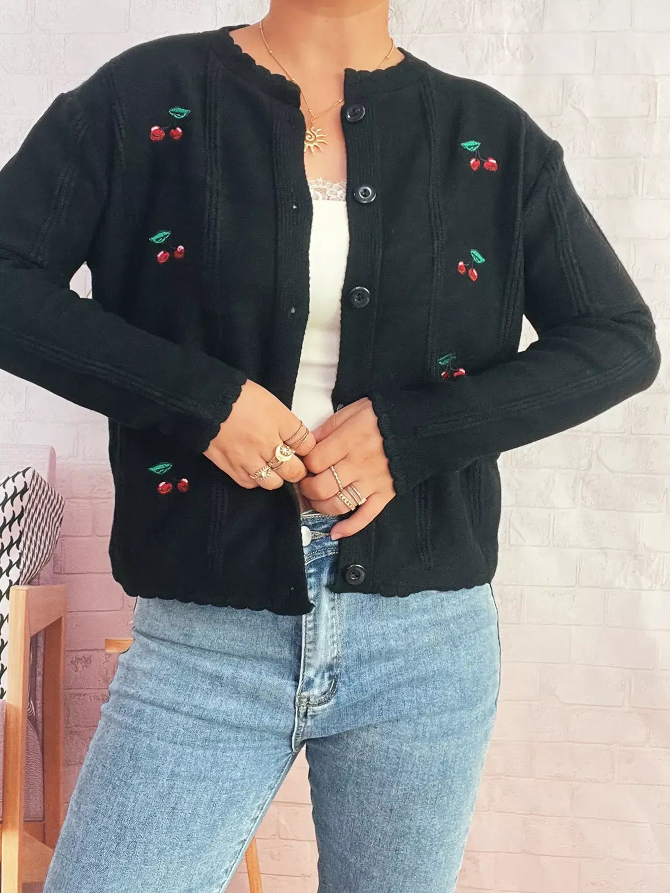 Cherry Embroidered Button Up Cardigan - Trendsi - Flyclothing LLC