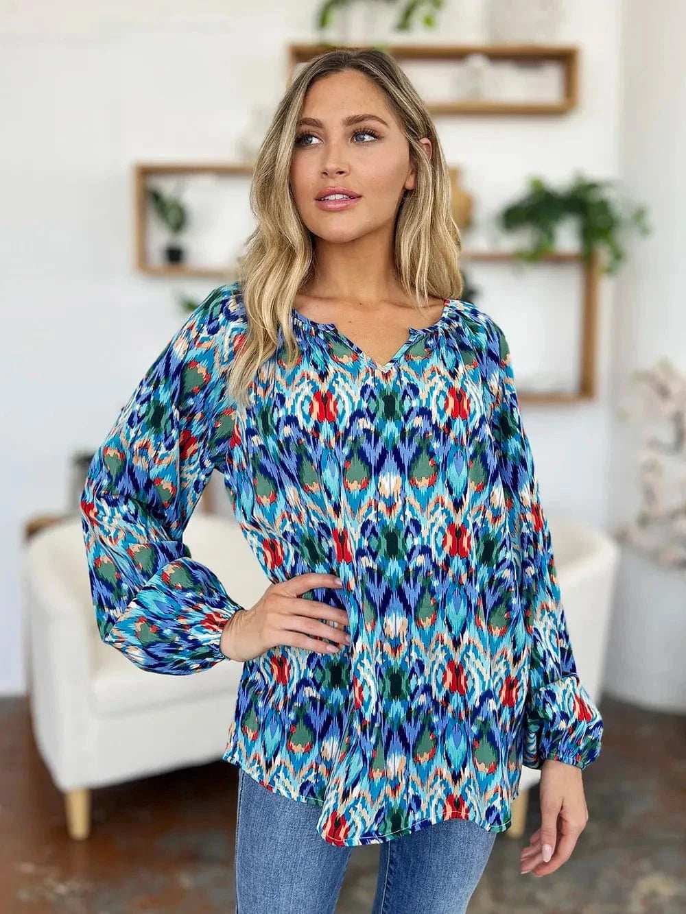 Double Take Full Size Printed Balloon Sleeve Blouse - Trendsi - Flyclothing LLC
