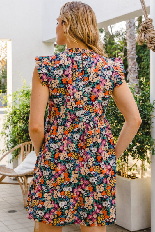 ODDI Full Size Floral Ruffled Cap Sleeve Mini Dress - Trendsi