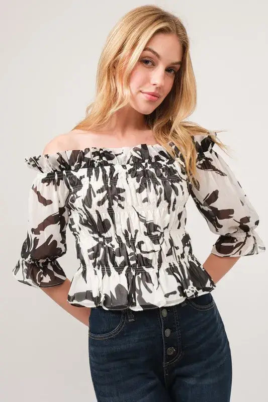 And The Why Smocked Off-Shoulder Floral Printed Top - Trendsi - Flyclothing LLC