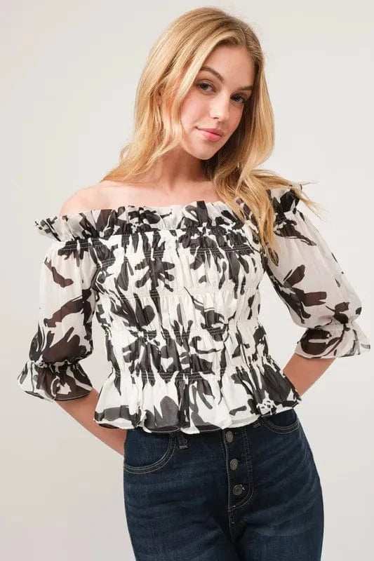 And The Why Smocked Off-Shoulder Floral Printed Top - Trendsi - Flyclothing LLC