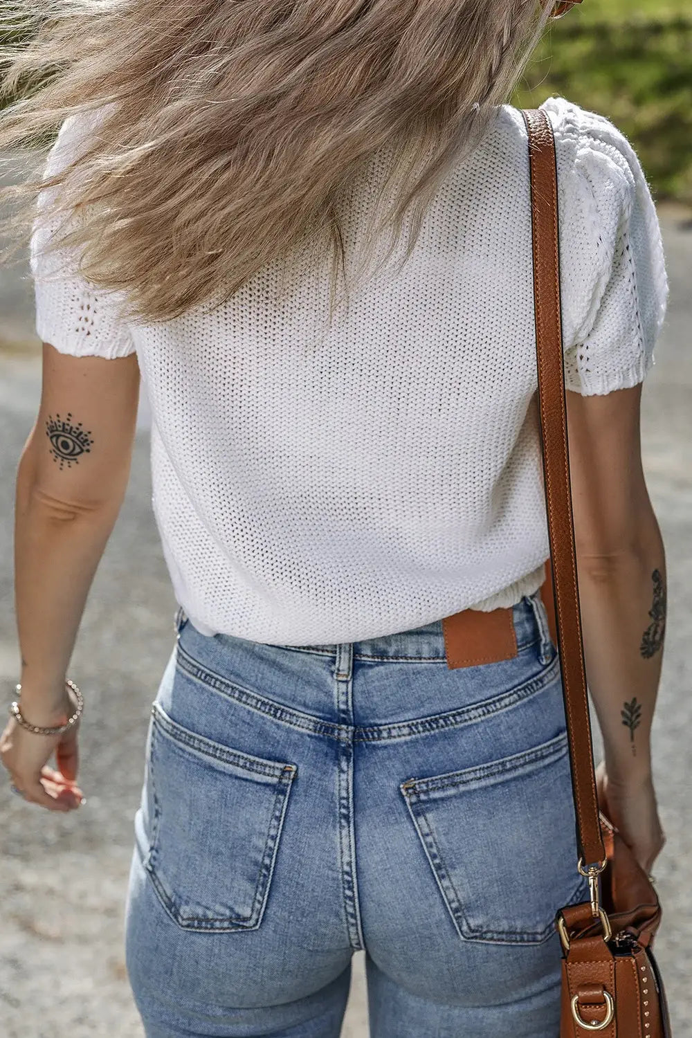 Openwork Round Neck Short Sleeve Knit Top - Trendsi - Flyclothing LLC