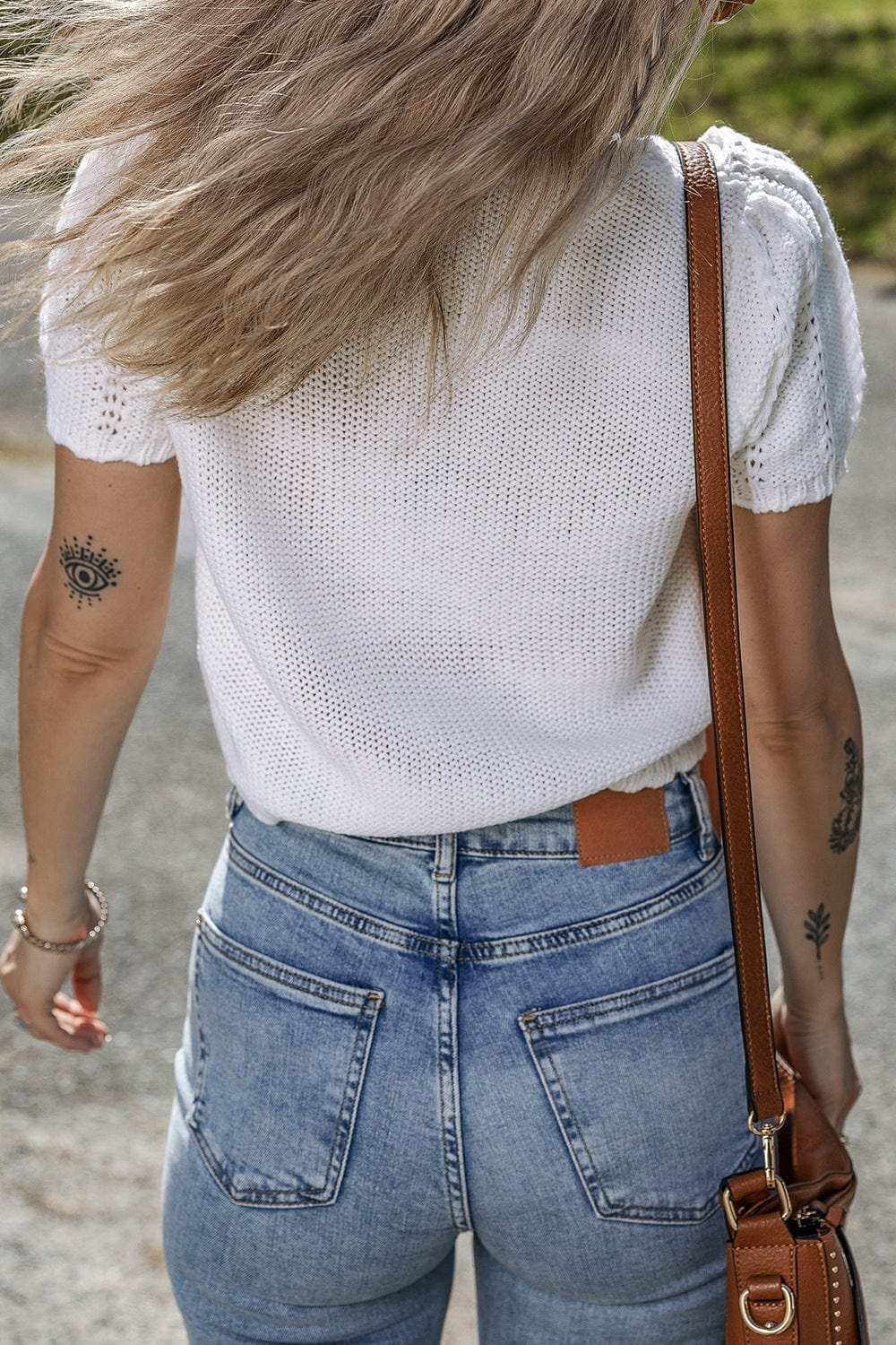 Openwork Round Neck Short Sleeve Knit Top - Trendsi - Flyclothing LLC