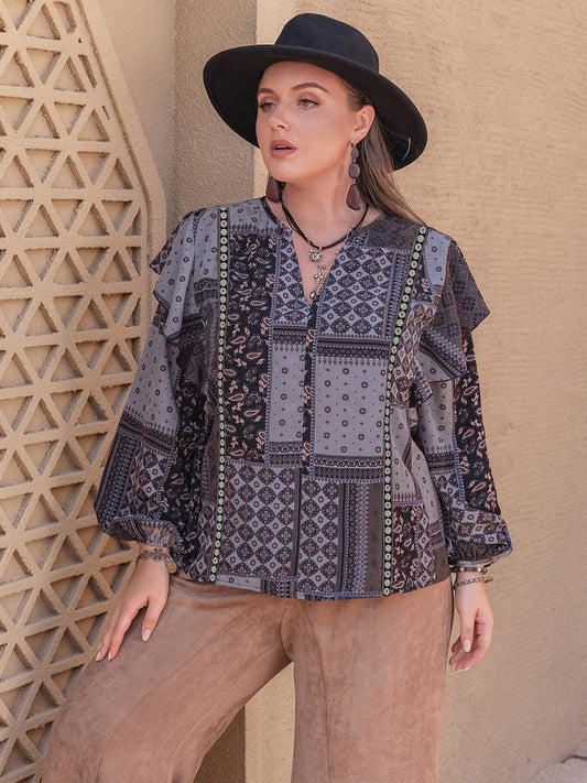 Plus Size Ruffled Printed Notched Long Sleeve Blouse - Trendsi