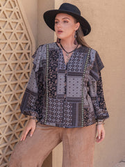 Plus Size Ruffled Printed Notched Long Sleeve Blouse - Trendsi
