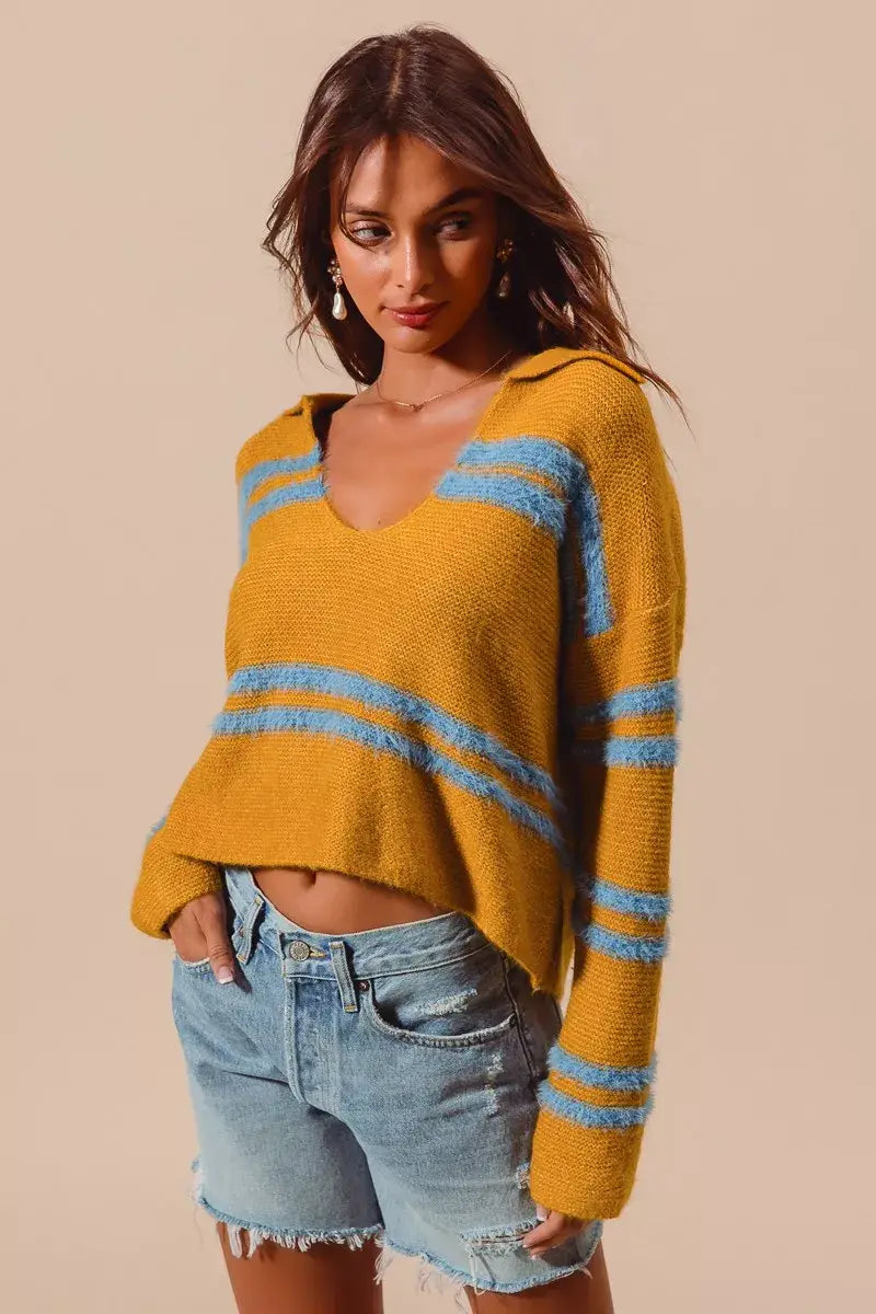 SO ME Fuzzy Hairy Stripe Deep U Neck Swetaer - Trendsi - Flyclothing LLC