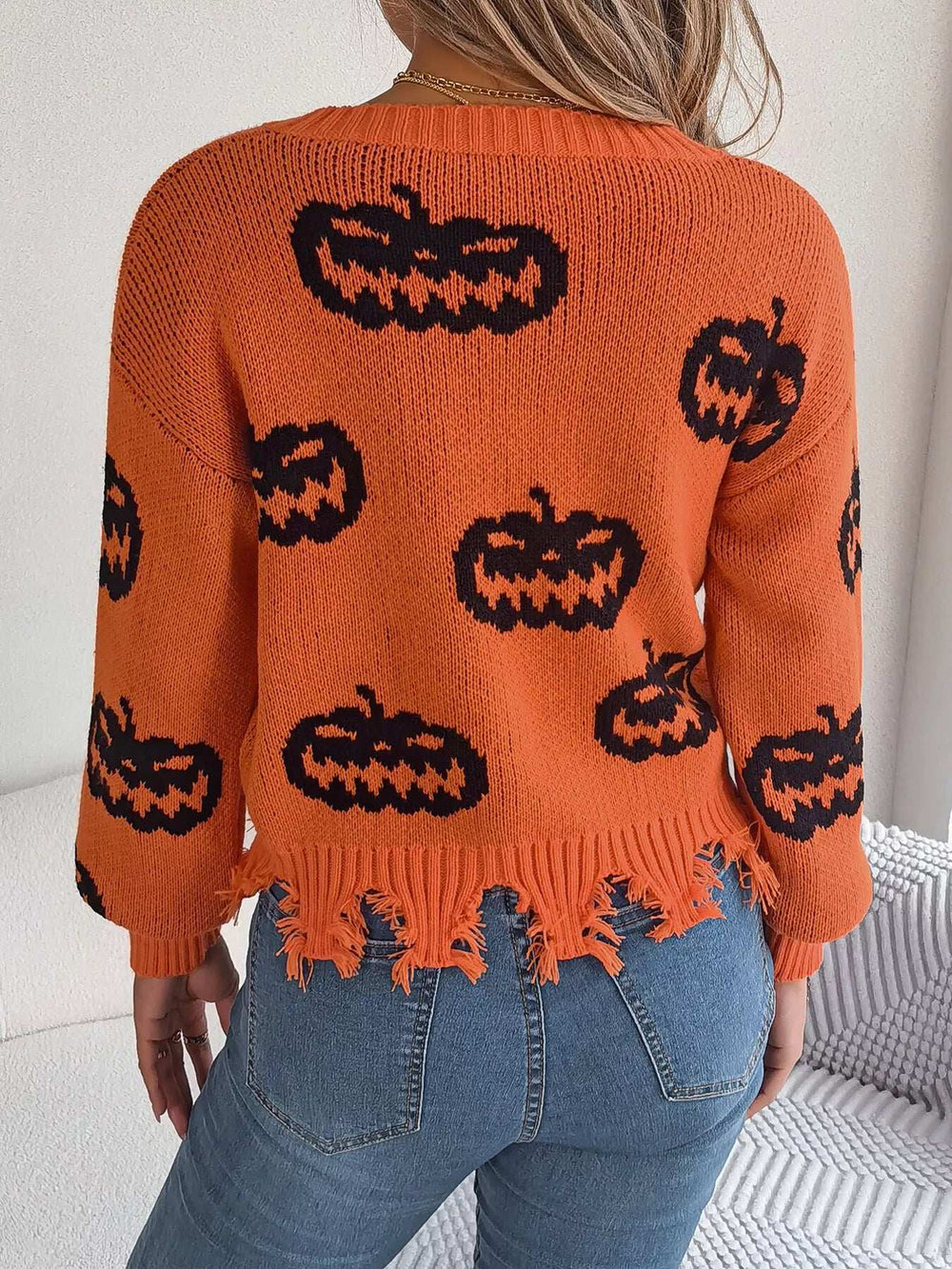 Halloween Pumpkin Pattern Raw Hem V-Neck Sweater - Trendsi - Flyclothing LLC