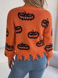 Halloween Pumpkin Pattern Raw Hem V-Neck Sweater - Trendsi - Flyclothing LLC
