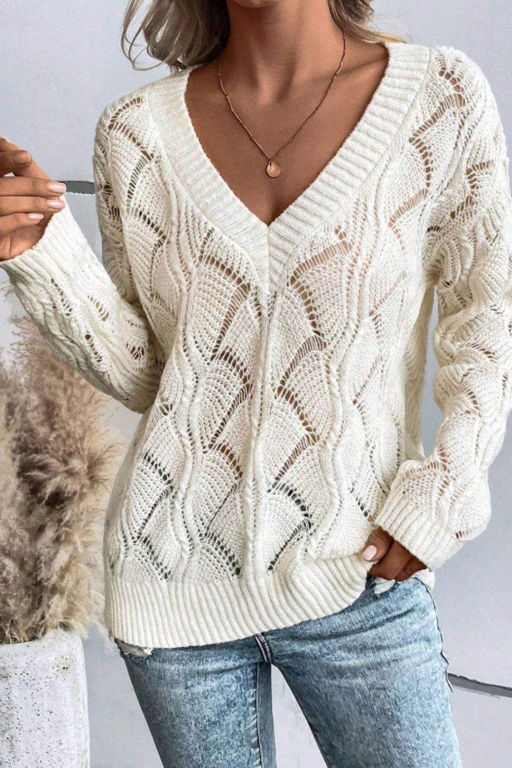 Openwork V-Neck Long Sleeve Sweater - Trendsi - Flyclothing LLC