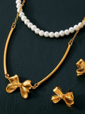 3 Piece Pearl Necklace, Bow Necklace and Stud Earrings Jewelry Set - Trendsi - Flyclothing LLC