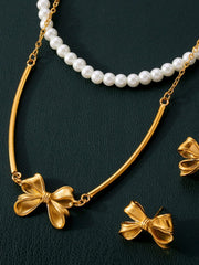 3 Piece Pearl Necklace, Bow Necklace and Stud Earrings Jewelry Set - Trendsi